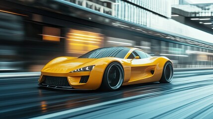 Wall Mural - Yellow sports car riding on highway road. Car in fast motion. Fast moving supercar on the street. 3d illustration