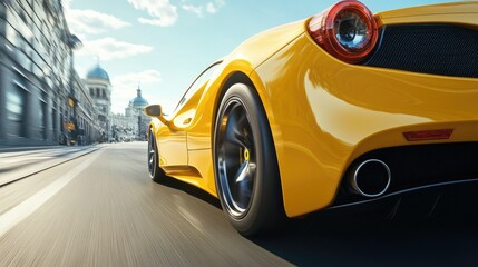 Wall Mural - Yellow sports car riding on highway road. Car in fast motion. Fast moving supercar on the street. 3d illustration