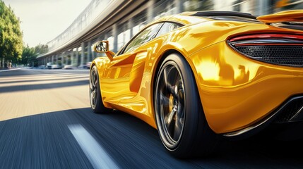 Wall Mural - Yellow sports car riding on highway road. Car in fast motion. Fast moving supercar on the street. 3d illustration