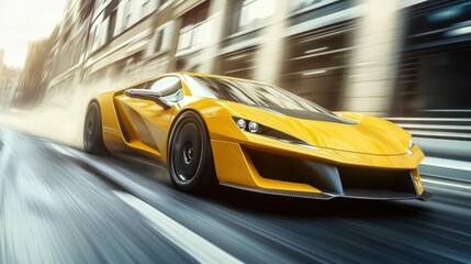 Wall Mural - Yellow sports car riding on highway road. Car in fast motion. Fast moving supercar on the street. 3d illustration