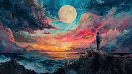 Wall Mural - A Man Stands on a Cliff, Looking Out at the Moonlit Ocean