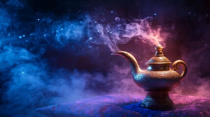 fantasy magical lamp with magical purple smoke coming out on dark background with blue and purple smoke