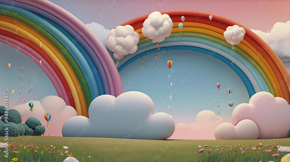 Dreamy Sky with Pastel Rainbow and Floating Balloons, Colorful rainbow ...