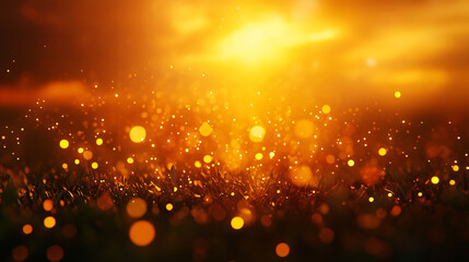 Wall Mural - a field of grass with a bright orange sun in the background. the sun is shining brightly and casting