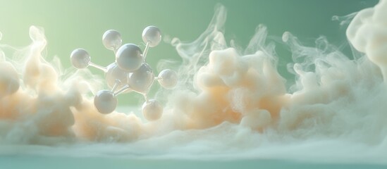 Wall Mural - abstract molecular structure with white spheres and foggy background in soft green light