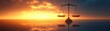 © Sunshine - Golden Sunset Over Ocean with Silhouette of Scales of Justice Reflecting on Water