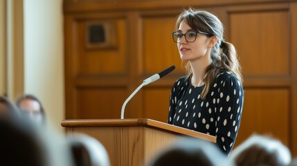 female speaker  at a press conference with podium and microphone answering audience and news reporter 