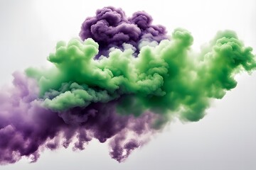 Wall Mural - Bright green and purple smoke clouds blending together creating bold contrasts on a white background, AI Generated