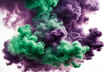 Wall Mural - Bright green and purple smoke clouds blending together creating bold contrasts on a white background, AI Generated