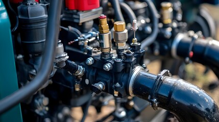 Wall Mural - Closeup View of Industrial Machinery Hydraulic Pipe Components and Gauges