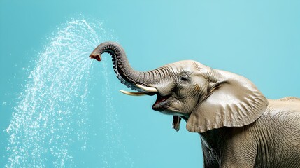 Wall Mural - Playful Elephant Spraying Water from Trunk in Tropical Environment