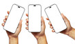 © guteksk7 - A woman’s hand holding a black smartphone with a blank screen and modern frameless design, shown in three positions: angled, vertical, and from the side edge, isolated on a white background