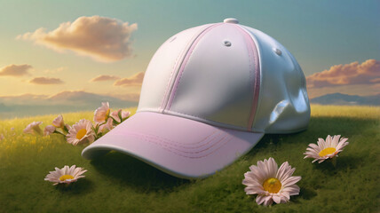 Poster - Pastel Harmony Pink Cap Amidst a Meadow of Blooming Tranquility