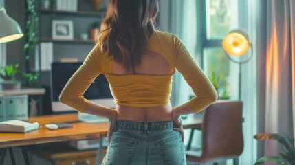 Canvas Print - A woman in a yellow shirt stands in front of a desk with a computer and a chair