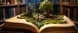 © TPS Studio - Open Book with Miniature Forest and Pathway, Symbolizing Imagination and Adventure in a Library Setting