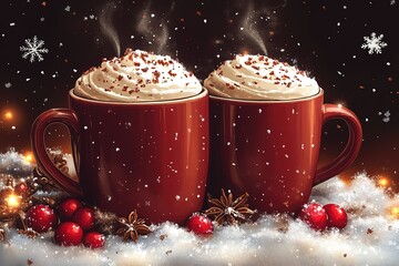 Wall Mural - Two red coffee cups with whipped cream on top, one of which has a cherry on it