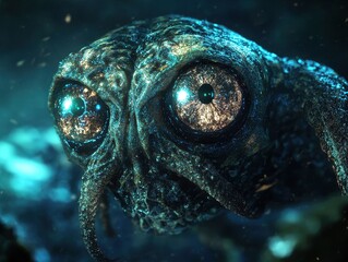 Wall Mural - Close-Up of a Mysterious Deep Sea Creature with Large Reflective Eyes in an Underwater Environment