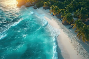 A beautiful beach with palm trees and a blue ocean