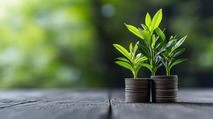 Wall Mural - Two small plants sprouting from stacks of coins, symbolizing financial growth, investment, and sustainability in a natural setting.