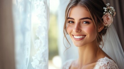 Wall Mural - A woman with a white veil and a pink flower in her hair is smiling