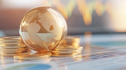 A globe sits on top of a pile of gold coins