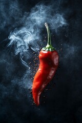 Wall Mural - Delicious smoky red pepper, isolated on dark background. A vibrant red chili pepper covered in water droplets, with wisps of smoke curling around it.