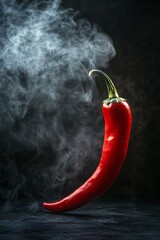 Wall Mural - Delicious smoky red pepper, isolated on dark background. A vibrant red chili pepper covered in water droplets, with wisps of smoke curling around it.