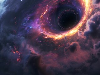 A stunning cosmic landscape showcasing a vibrant black hole surrounded by swirling nebulae and luminous stars in deep space