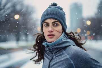 Portrait of woman jogging in city public park in winter. This is part of a series of the same woman in daily life, from morning jog to getting at work in winter. Here she jogging in city public park. 