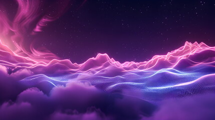 Wall Mural - Purple pink clouds in the sky with futuristic sunset. 3d rendering, abstract futuristic background in neon colors.