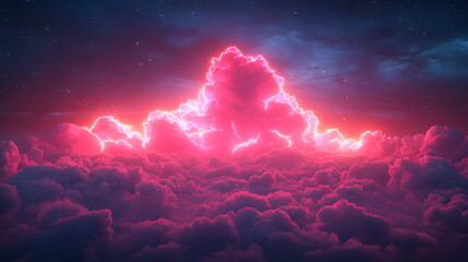 Wall Mural - Purple pink clouds in the sky with futuristic sunset. 3d rendering, abstract futuristic background in neon colors.