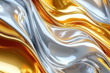 Metallic silver and gold fluid abstract waves with smooth, reflective surfaces and flowing lines Generative AI