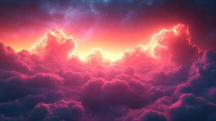 Wall Mural - Purple pink clouds in the sky with futuristic sunset. 3d rendering, abstract futuristic background in neon colors.