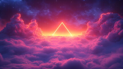 Purple pink clouds in the sky with futuristic sunset. 3d rendering, abstract futuristic background in neon colors. Glowing triangle frame in yellow