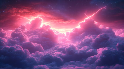 Wall Mural - Purple pink clouds in the sky with futuristic sunset. 3d rendering, abstract futuristic background in neon colors.