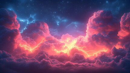 Wall Mural - Purple pink clouds in the sky with futuristic sunset. 3d rendering, abstract futuristic background in neon colors.