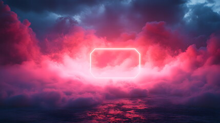Wall Mural - Purple pink clouds in the sky with futuristic sunset. 3d rendering, abstract futuristic background in neon colors. Glowing frame