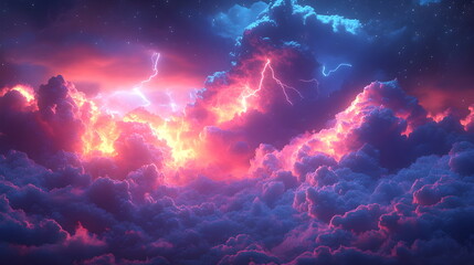 Wall Mural - Purple pink clouds in the sky with futuristic sunset. 3d rendering, abstract futuristic background in neon colors.