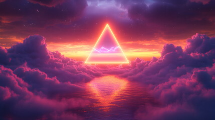 Wall Mural - Purple pink clouds in the sky with futuristic sunset. 3d rendering, abstract futuristic background in neon colors. Glowing triangle frame in yellow