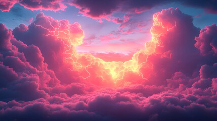 Wall Mural - Purple pink clouds in the sky with futuristic sunset. 3d rendering, abstract futuristic background in neon colors.