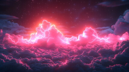 Wall Mural - Purple pink clouds in the sky with futuristic sunset. 3d rendering, abstract futuristic background in neon colors.