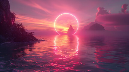 Wall Mural - Pink sunset on the ocean shore with futuristic sunset. 3d rendering, abstract futuristic background in neon and pink shades. Glowing sphere frame instead of the sun
