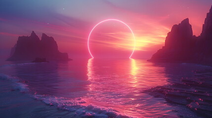 Wall Mural - Pink sunset on the ocean shore with futuristic sunset. 3d rendering, abstract futuristic background in neon and pink shades. Glowing sphere frame instead of the sun