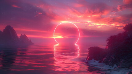 Wall Mural - Pink sunset on the ocean shore with futuristic sunset. 3d rendering, abstract futuristic background in neon and pink shades. Glowing sphere frame instead of the sun