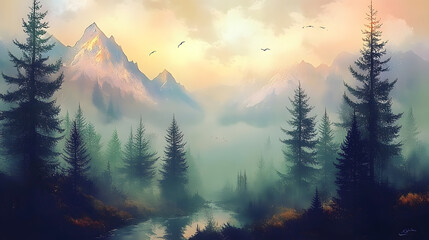 A foggy setting with mountains and trees surrounded by a misty forest of firs in a hipster retro vintage look.