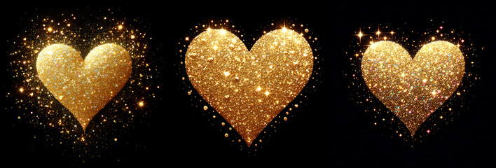 Wall Mural - gold glitter hearts light shiny sparkling black background
