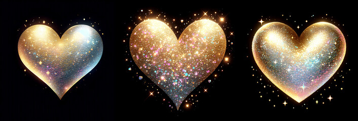 Wall Mural - gold glitter hearts light shiny sparkling black background