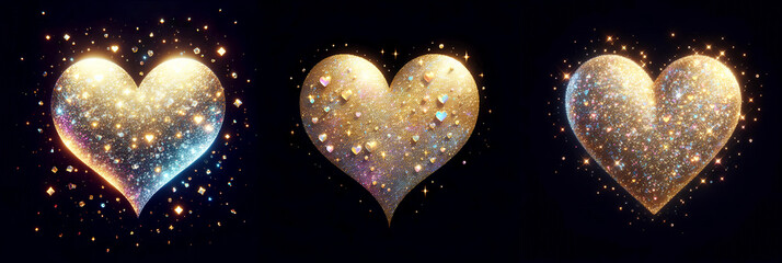Wall Mural - gold glitter hearts light shiny sparkling black background