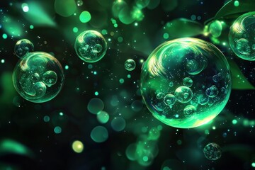 Wall Mural - abstract floating green glowing bubbles with light particles on dark background generative ai