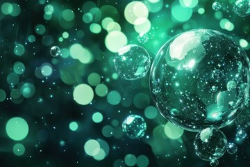Wall Mural - abstract floating green glowing bubbles with light particles on dark background generative ai